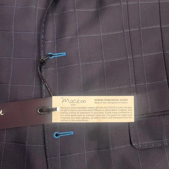 Maceoo Descartes Blazer Mens 40 Navy Blue Windowpane Check Sport Coat NEW
